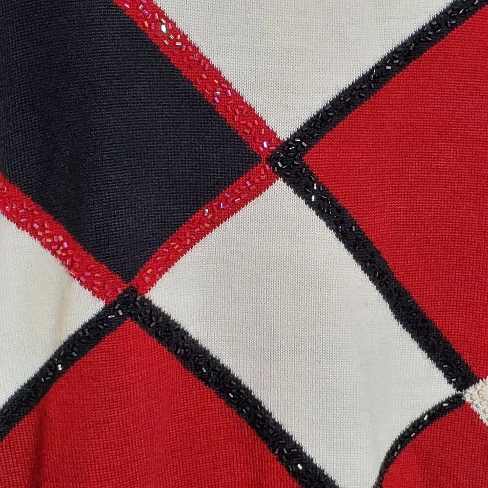 Alfred Dunner Womens Long Sleeve Sweater S Red Black Cream Geometric Christmas - Picture 7 of 7